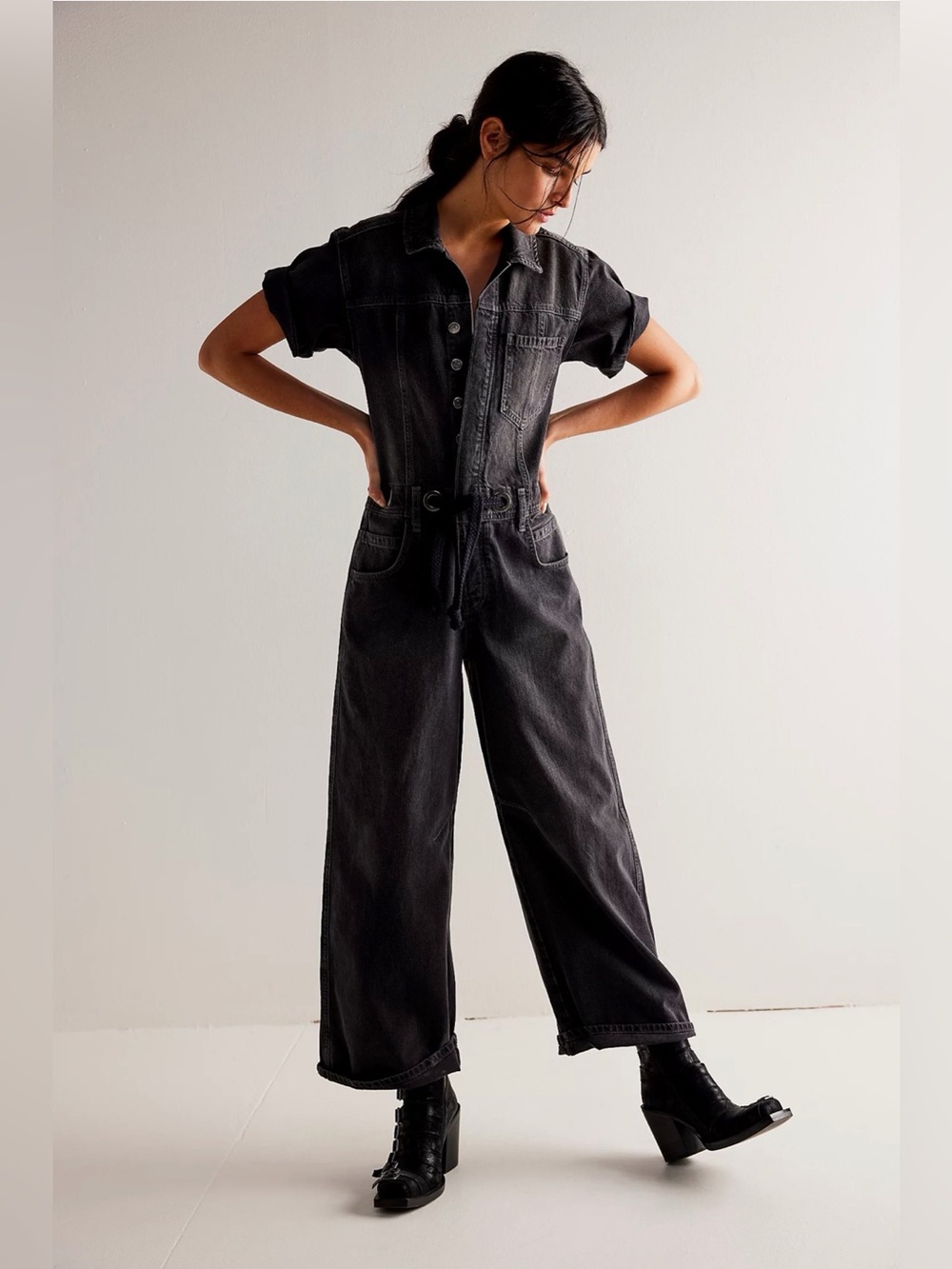 NWT Free People Edison Wide Leg Coverall Moxie Black Denim Jumpsuit XL